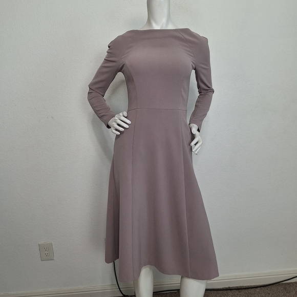 H&M Taupe Feminine Boat Neck Long Sleeve Coquette Fit & Flare Midi Dress Size 4 - Picture 1 of 9